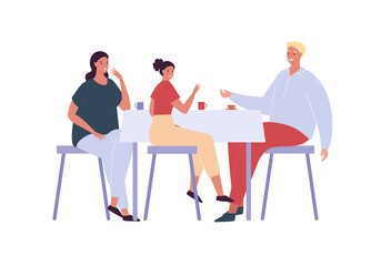 Fototapeta na wymiar Family eating together concept. Vector flat person illustration. Father and mother with daughter sitting at dining table with coffee or tea cup drink. Happy parents with child in restaurant.