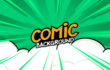 Pop art comic background with halftone elements with clouds. Cartoon vector illustration.