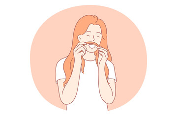 Having fun, making faces, entertainment concept. Young smiling carefree woman cartoon character making moustache from her red hair and feeling excited and playful vector illustration