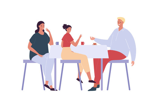 Family eating together concept. Vector flat person illustration. Father and mother with daughter sitting at dining table with coffee or tea cup drink. Happy parents with child in restaurant.