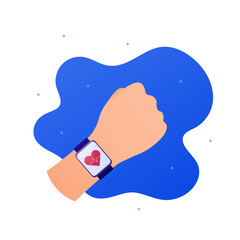 Health care monitor app concept. Vector flat illustration. Hand with smart watch with heart shape and heartbeat symbol on screen. Design element for ehealth, telehealth, medicine.