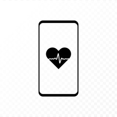 Health care monitor app concept. Vector flat illustration icon. Smartphone with heart shape and heartbeat symbol on mobile phone screen on transparent background. Black and white color.