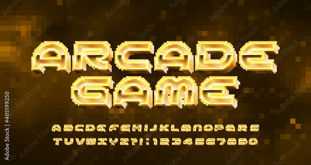 Fototapete Arcade Game alphabet font. Pixel letters and numbers in 80s style. Pixel background. 80s video game typescript.