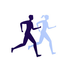 Fototapeta na wymiar Run exercise workout concept. Vector flat icon illustration. Young male and female runner silhouette isolated on white background. Design element for marathon, sprint, sport.
