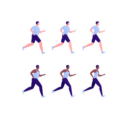 Fototapeta na wymiar Run exercise workout concept. Vector flat illustration set. Collection of caucasian and african american ethnic young male runner isolated on white. Design element for marathon, fitness, sport.