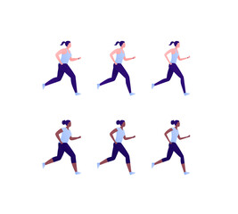 Fototapeta na wymiar Run exercise workout concept. Vector flat illustration set. Collection of caucasian and african american ethnic young female runner isolated on white. Design element for marathon, fitness, sport.