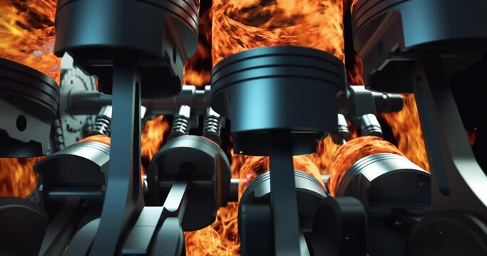 CG Animation Of A Working Powerful V8 Engine. Pistons And Crankshafts In Motion. Ignition And Explosions. Technology And Industry Related 3D Animation.