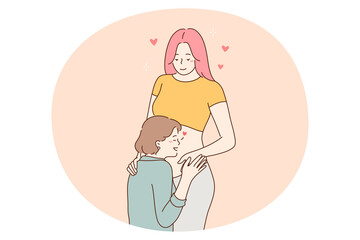 Happy pregnancy and maternity concept. Young positive pregnant woman cartoon character standing and feeling love and support of touching belly mother and friend vector illustration