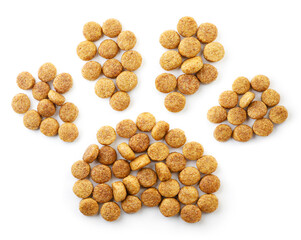 Dog food lined paw footprint on a white. Top view