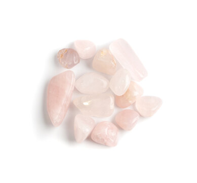 Rose quartz pebbles isolated, pink quartz polished stones