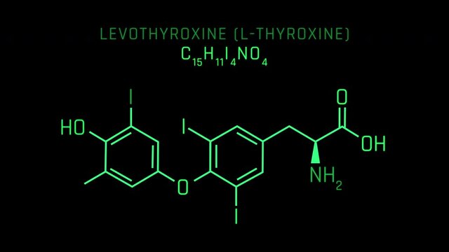 Levothyroxine also known as L-thyroxine Molecular Structure Symbol Neon Animation on black background