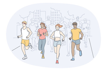 Obraz na płótnie Canvas Athletics, running, marathon competition concept. Young people sportsmen athletes taking part in running sport marathon outdoors in summer. Active healthy lifestyle and training illustration 