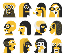 Yellow and black colors isolated on a white background Twelve Portraits of Different People graphic illustration. Set of flat design  avatars. 