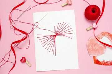 step 6 DIY red thread card on white cardboard, concept of valentine's day, mother's day