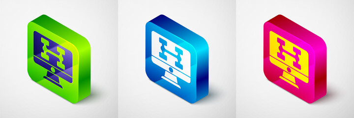 Isometric Hardware diagnostics condition of car icon isolated on grey background. Car service and repair parts. Square button. Vector.