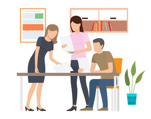 Businesspeople talking and working together in office. Staff communicating concept. Business partners meeting, discuss the project on paper. Brainstorming process, team businessman deliberating