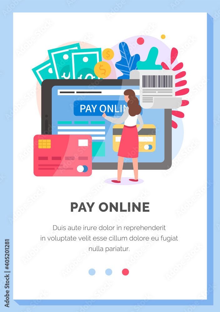 Poster internet app layout. program for online remote payment of purchases using phone or card. online plat