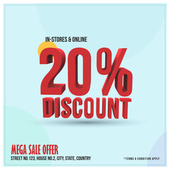 20% discount. 20 percent discount poster for social media post. Twenty percent discount mega sale offer cover or banner. Sale and marketing promotion banner with 3D discount banner.