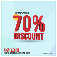 Obraz premium 3D 70% discount mega sale offer poster or flyer template in red color with cyan background. Seventy percent discount sale offer in 3D