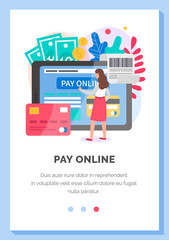 Internet app layout. Program for online remote payment of purchases using phone or card. Online platform landing page template. Application to pay with credit card. Girl on the screen makes a payment
