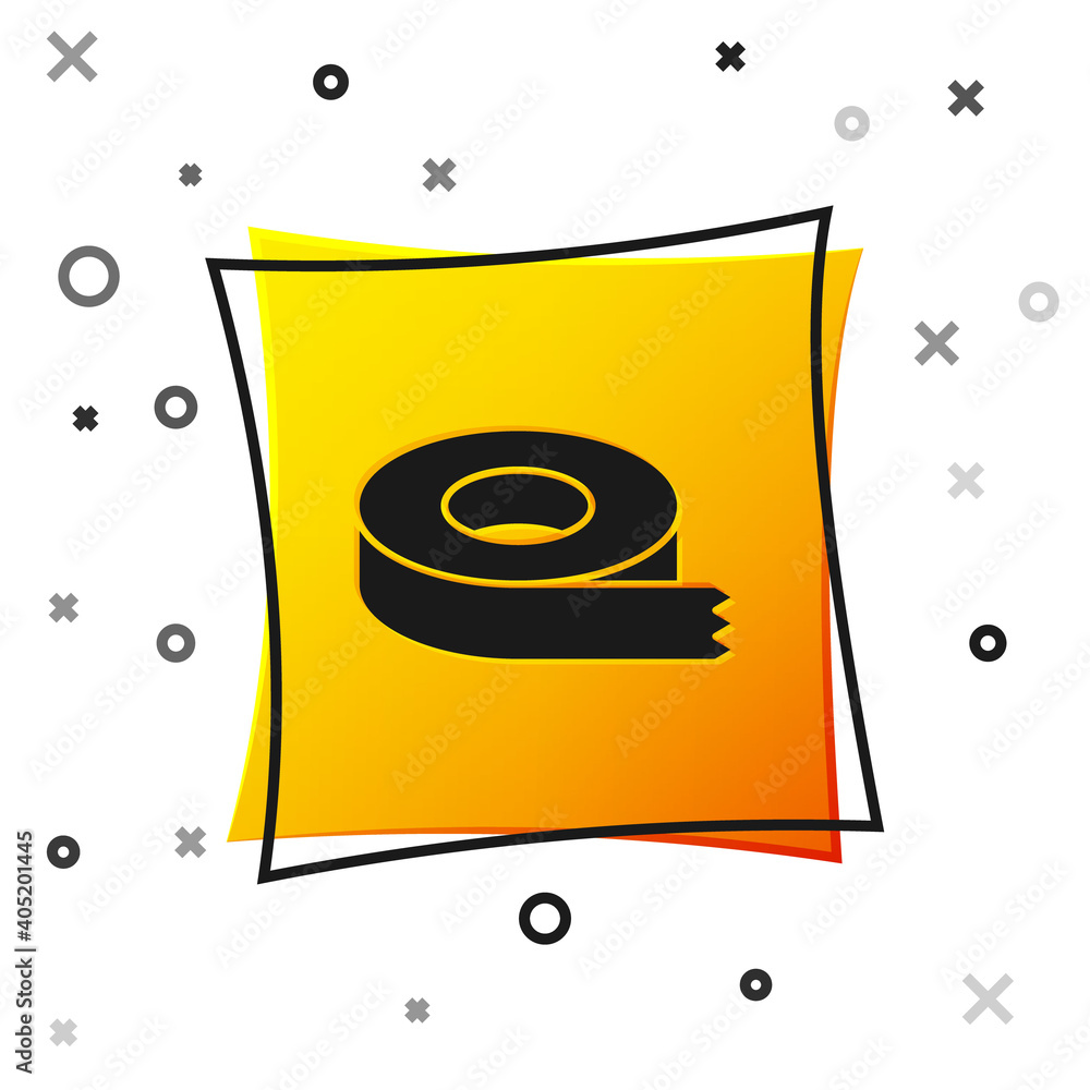 Poster black scotch tape icon isolated on white background. insulating tape. yellow square button. vector.