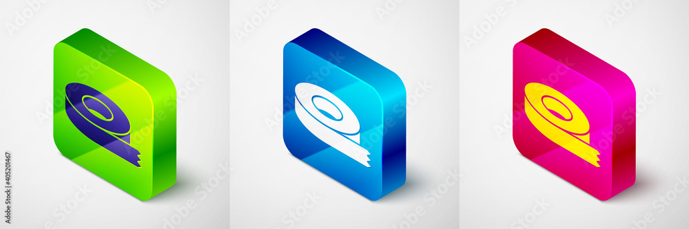 Poster isometric scotch tape icon isolated on grey background. insulating tape. square button. vector.