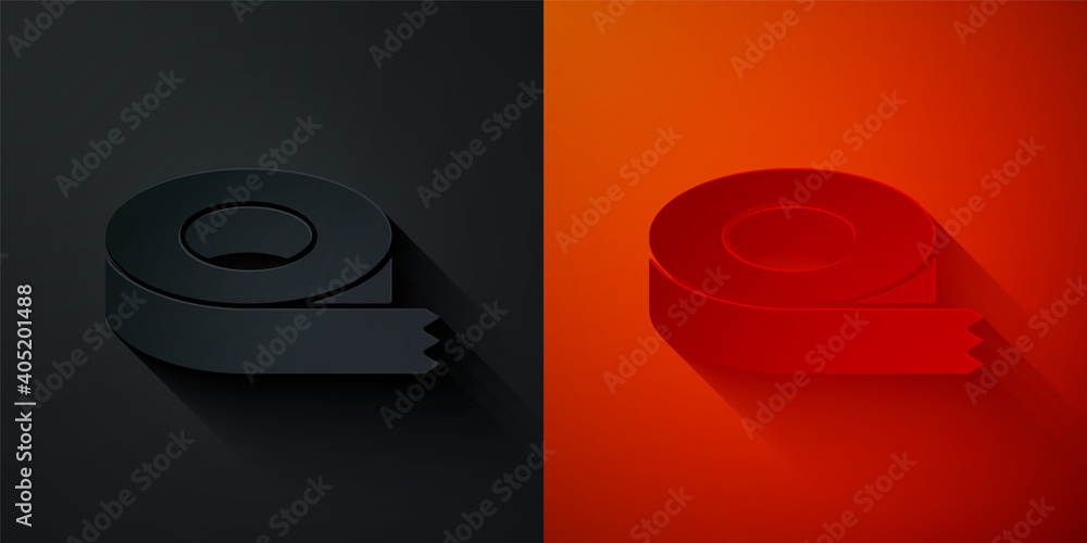 Poster paper cut scotch tape icon isolated on black and red background. insulating tape. paper art style. v