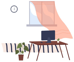 Cartoon background of living room with window, table with tv, plant in ceramic pot. Indoor furniture design, modern home interior elements. Fashionable place for remote work or study with computer