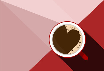 Espresso coffee red cup with heart top view. Hard light, graphic pink red colorful background. Poster flat vector illustration
