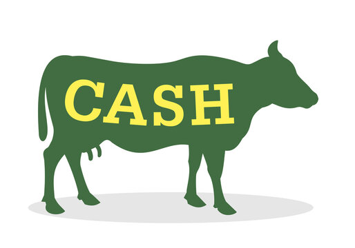 Cash cow - profitable animal is producing profit and money. Monetary earning, revenue and income made by livestock. Vector illustration isolated on white.