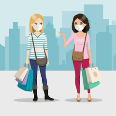 Friends shopping day with mask on a city background. Two happy women. People vector illustration