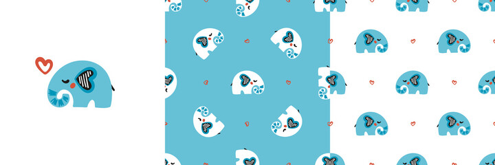 Cute Baby Elephant. Vector Set of Poster or Print and Seamless Patterns with Little Elephants and Hearts. Blue Backgrounds for Kids. Perfect for Birthday or Baby Shower Decor
