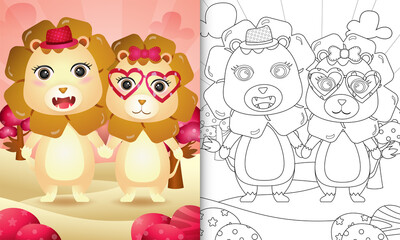 coloring book for kids with a cute lion couple themed valentine day