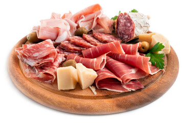 Tagliere con prosciutto crudo, prosciutto cotto, salame e formaggio italiano, Antipasti Italiani