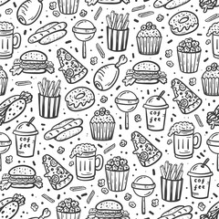 Fast Food Outline Icons Seamless Pattern. Doodle Unhealthy Street Food Black and White Vector Background

