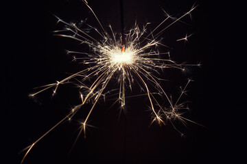 Close up of one burning pyrotechnic sparkler on black background. 