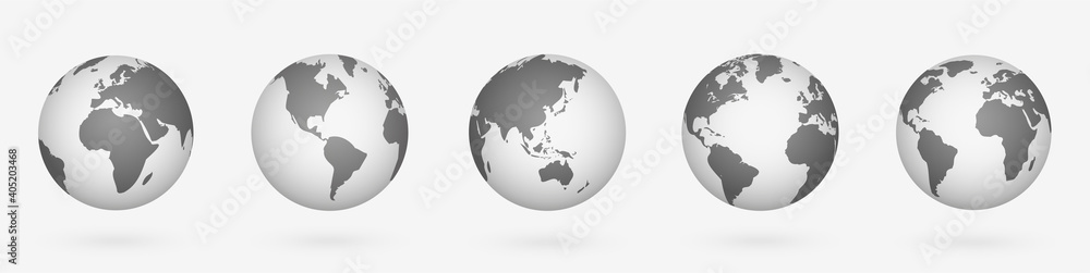 Poster globes of earth 3d set. realistic world map in globe shape. world maps realistic with shadow on tran