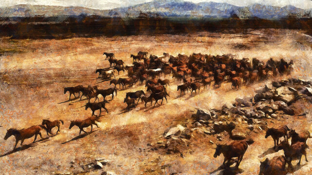 A herd of wild running horses. Artistic work on the theme of animals