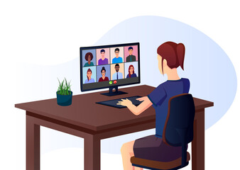 Girl attending online metting through group call Premium Vector