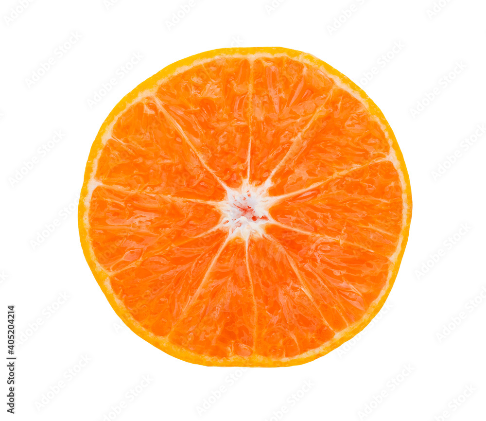 Poster slice of fresh orange with clipping path isolated on white background.