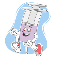 Happy funny syringe with vaccine. Smiling cartoon character medical syringe.