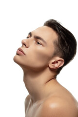 Angel. Portrait of young man isolated on white studio background. Caucasian attractive male model....