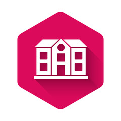 White House icon isolated with long shadow background. Home symbol. Pink hexagon button. Vector.