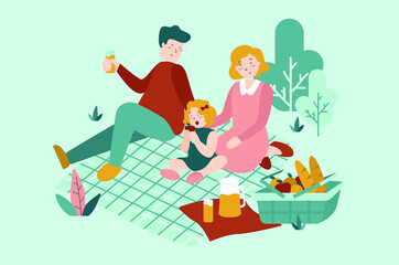 Family picnic at the park in the summer. Father mother daughter relax sitting outdoor. Vector illustration flat design