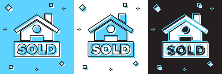 Set Hanging sign with text Sold icon isolated on blue and white, black background. Sold sticker. Sold signboard. Vector.