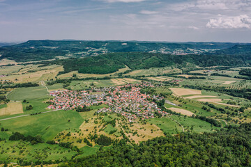 Fototapeta na wymiar Aerial drone shot of Village Boll near Burg Hohenzollern in Germany