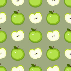 Pattern of green apple and halves on a gray background