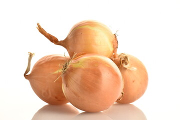 Several fragrant onions, close-up, isolated on white.