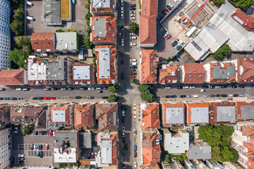 Overhead aerial photo of Stuttgart suburb street in Germany at summer noon