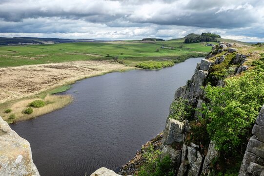 Crag Lough on Hadrians Wall on a sunny day in Northumbria
